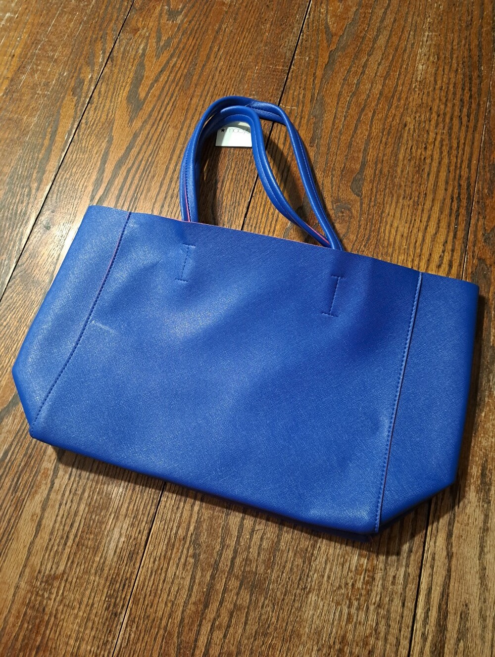 New Macy's Royal Blue Tote Bag Pink Interior Saffiano Textured Faux Leather Larg